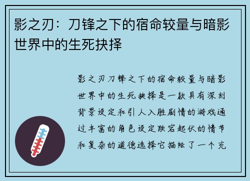 影之刃：刀锋之下的宿命较量与暗影世界中的生死抉择